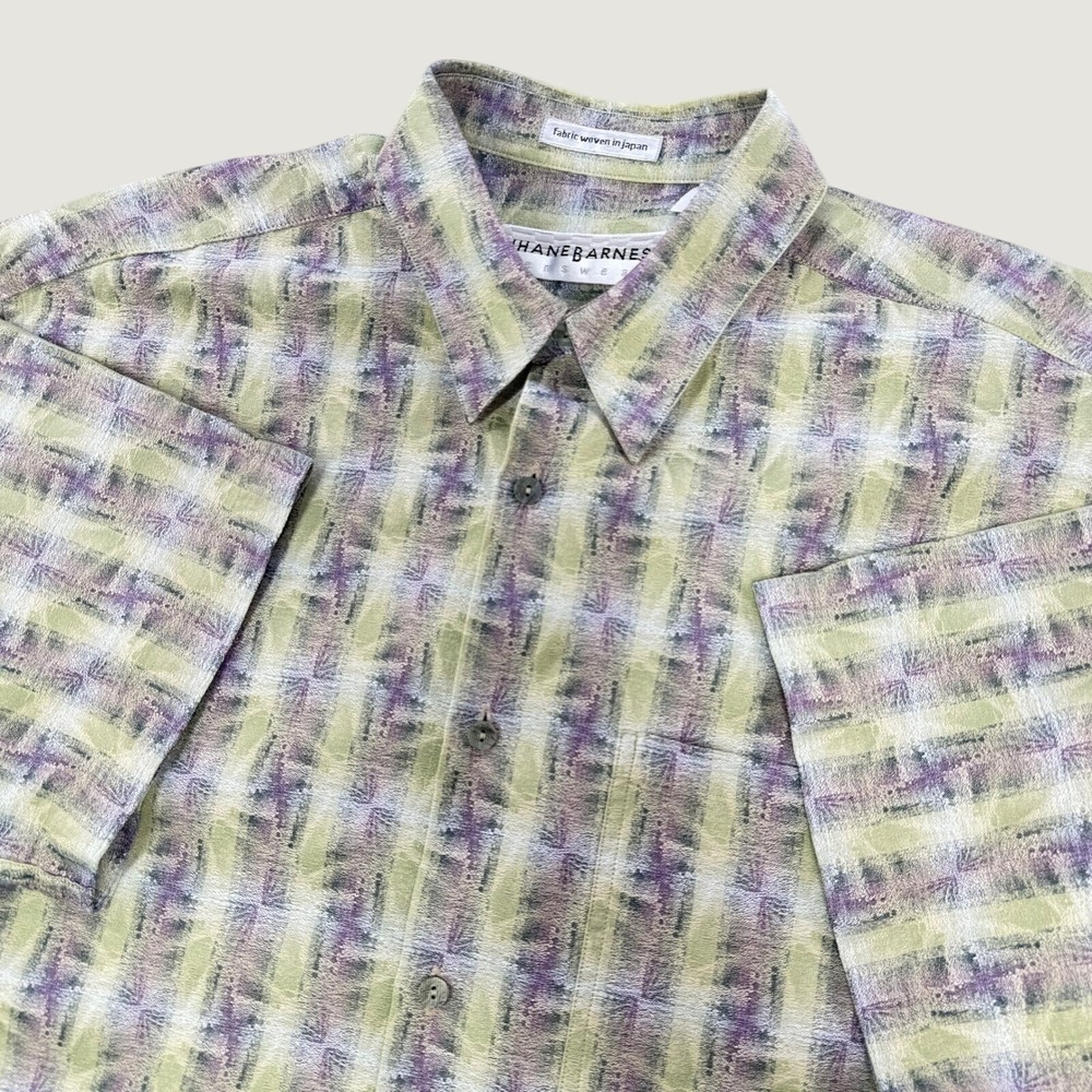 Jhane Barnes Mens VTG Short Sleeve Button Down Shirt Green Abstract Japan Large